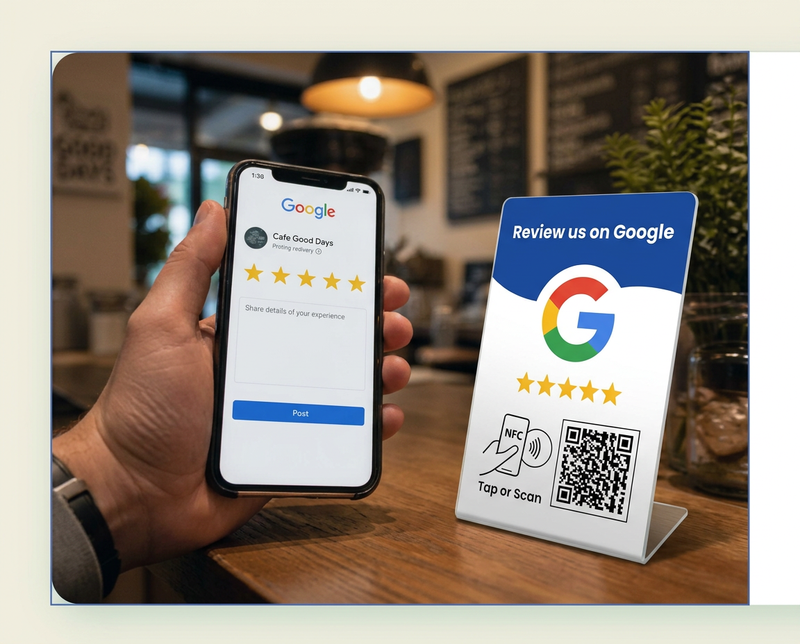 Customer tapping phone on NFC review card